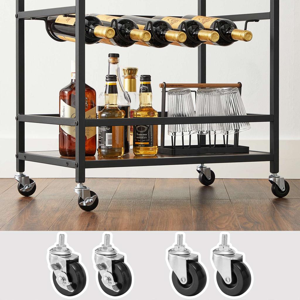 VASAGLE LRC087B01 Kitchen Trolley on Wheels with Shelves Glass and Bottle Holders 60 x 40 x 75 cm Industrial Design Vintage Brown/Black