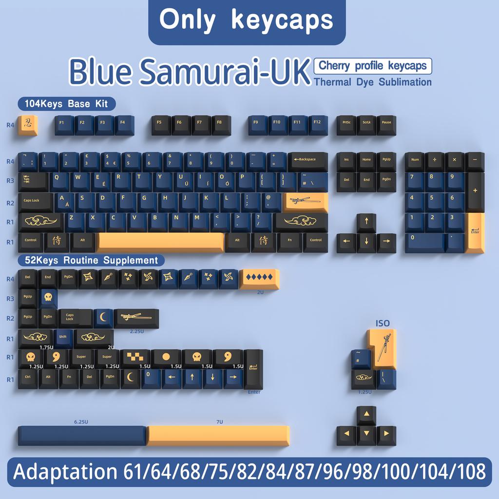 Red Blue Samurai Custom PBT Keycaps Brazilian Korean Japanese Spanish French ISO 7U Cherry Profile for Mechanical Keyboard DIY