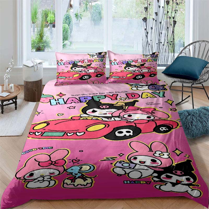 3D Printed Kuromi Cartoon Three-piece Bedding Set, Duvet Cover Set, Includes Pillowcases, No Filling.