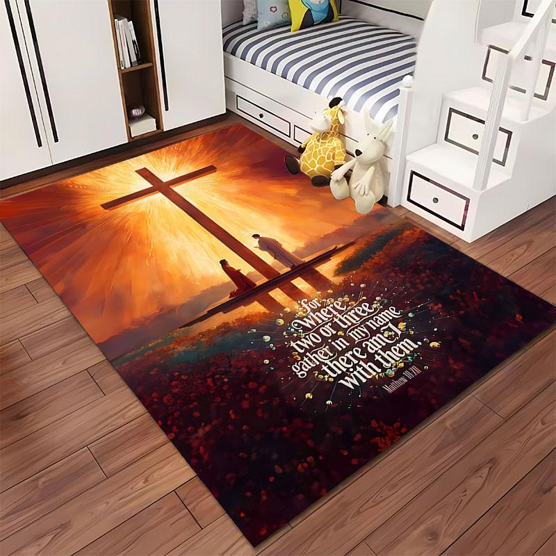 "Cross with Biblical Verse Design" suitable as a non-slip mat for the living room or bedroom sofa