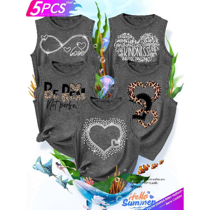 Five-piece set of matching outfits for best friends and sisters with heart-shaped leopard print Be Real Not Perfect Printed fashionable and elegant