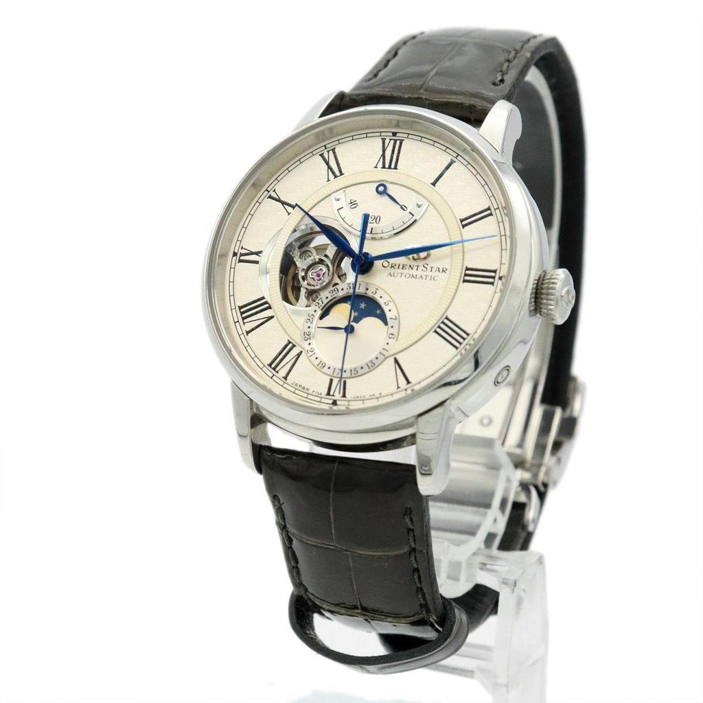 Б/у Orient Star Power Reserve Механические Лунные Фазы F7X6-UAC0 Часы Автоматические Кожаный Серебряный Мужские