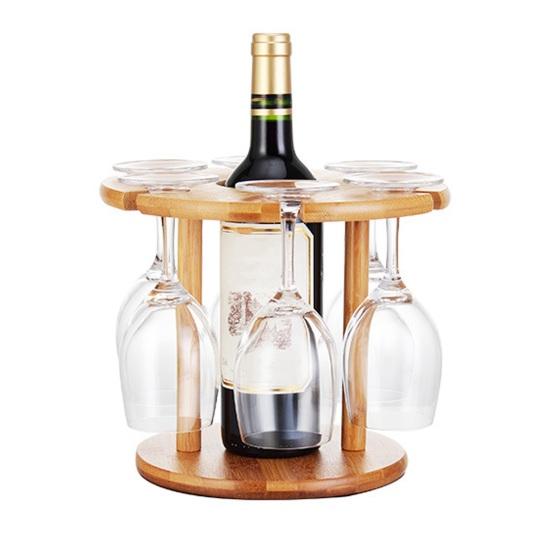 Bamboo Wine And Glass Storage Rack Red Wine Display Rack with Glass Holder Small Countertop Wine Holder for 1 Bottle And 6 Glasses