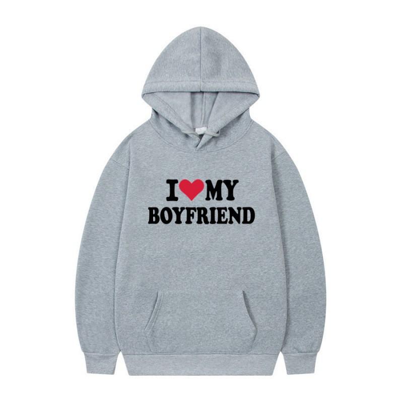 Mens Gothic Streetwear Hooded Sweatshirt With I LOVE MY BOYFRIEND Print Long Sleeve Loose Fit