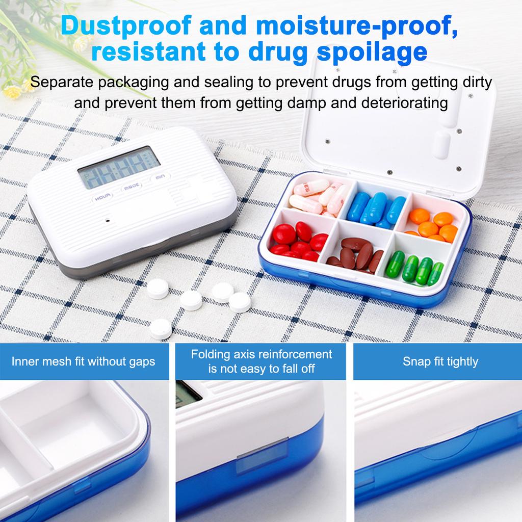 Portable Mini Pill Box Timed Reminders 6 Compartments Pill Organizer Electronic Reminder Pill Box