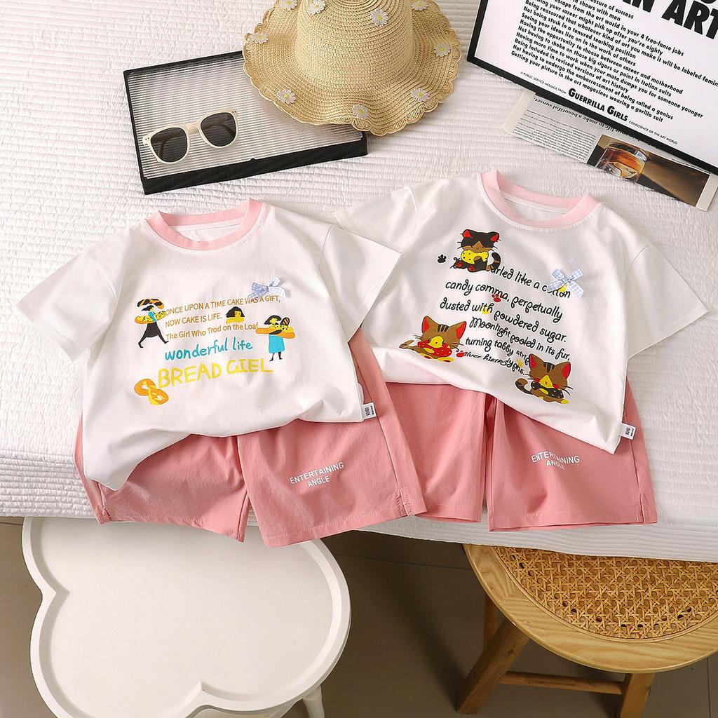 Girls Summer Fashion Cartoon Letter Print Loose Short Sleeve T Shirt Set Baby Casual Two Piece Outfit Kids Clothing