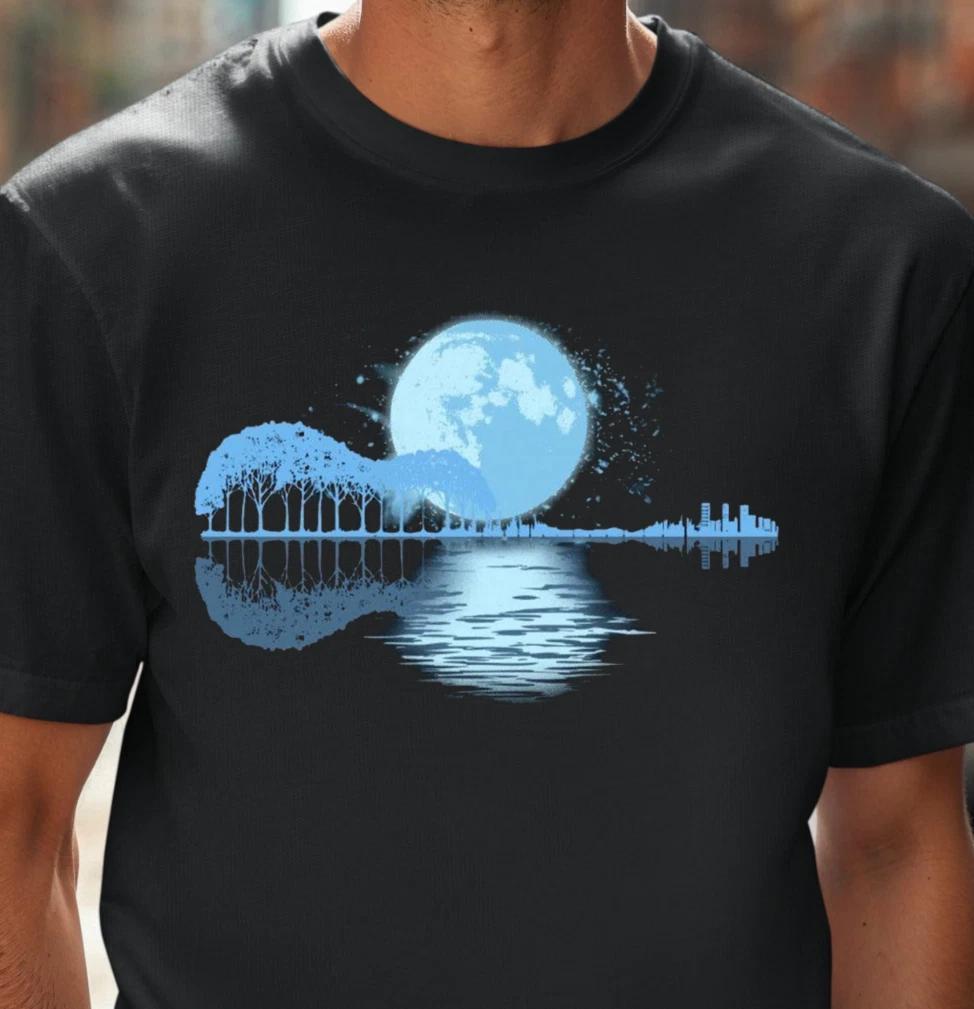 Moonlit Lake Guitar T-Shirt | Night Reflection Tee, Musician Shirt