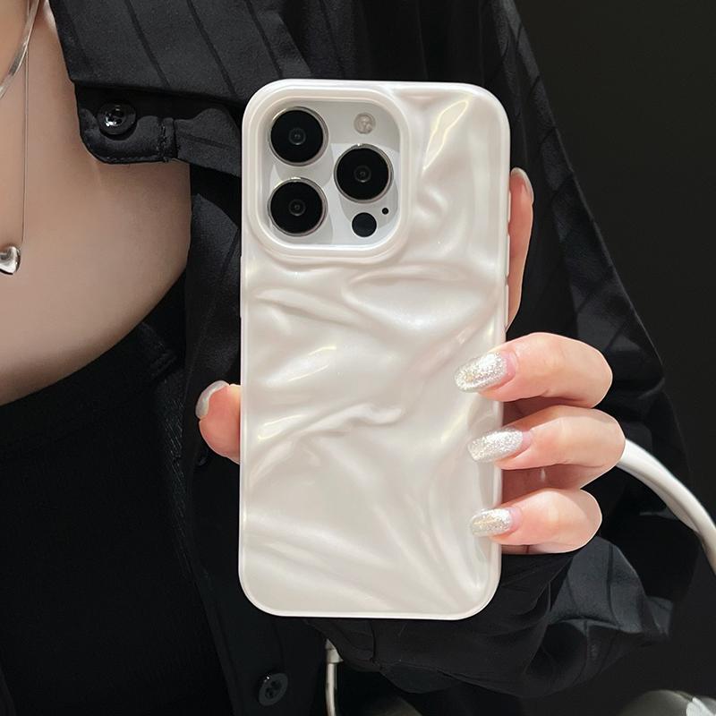 Кейс с текстурой складок Жемчужно-белый для iPhone 16 13 14 11 12 Pro Max 15 Plus Стильный Глянцевый Мягкий ТПУ Задняя крышка телефона