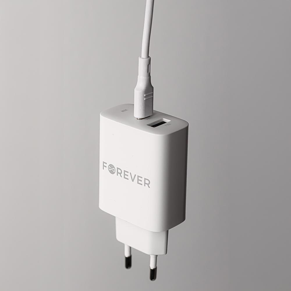 Forever Ładowarka Sieciowa Pd Qc Tc-07-30Ac 1X Usb-C 1X Usb 30W Biała + Kabel Usb-C - Usb-C 60W
