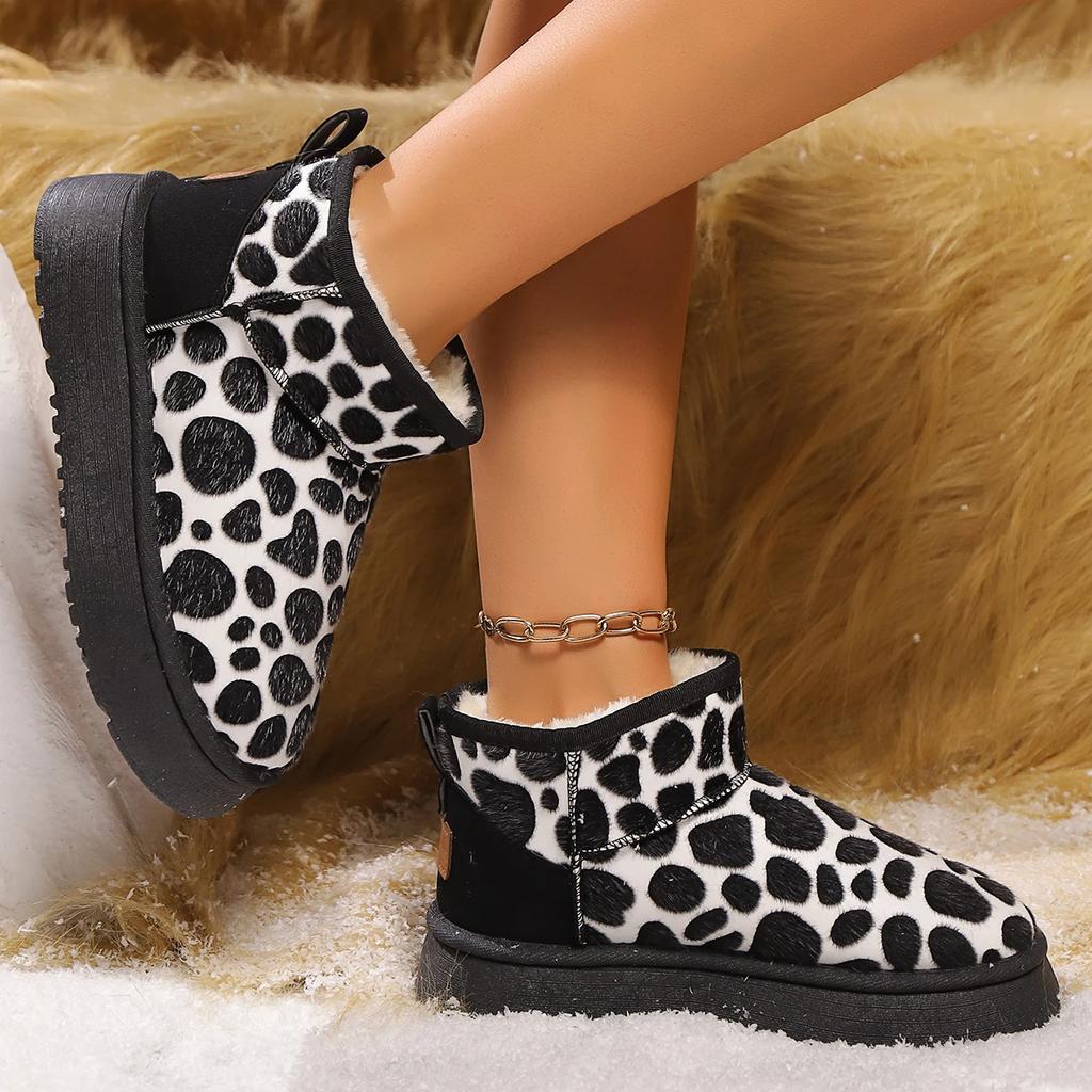 Cow Pattern Snow Boots, Short Thick Soles Anti-cold, Plus Velvet, Thickened Non-slip Women Shoes Comfortable Not Tiring for Feet