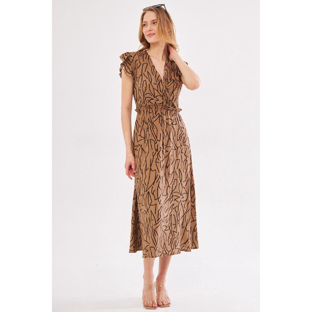 Женское бежевое платье-миди, двубортный воротник, рюши на плечах, эластичная резинка на талии, длина миди, рука-24y001020