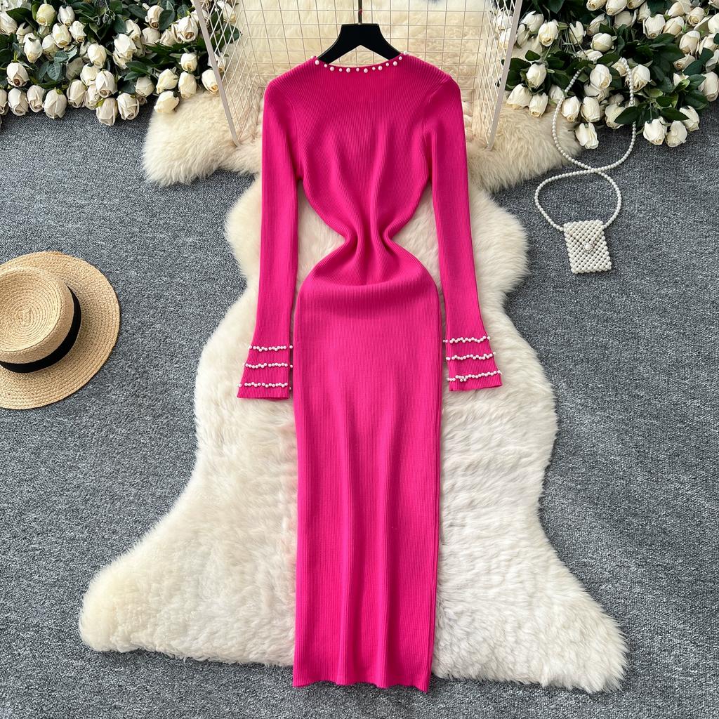 Autumn Spring Women Full Sleeve Luxury Beading Knitted Sweater Party Dress Long Midi Sheath Bodycon Pullover Dresses