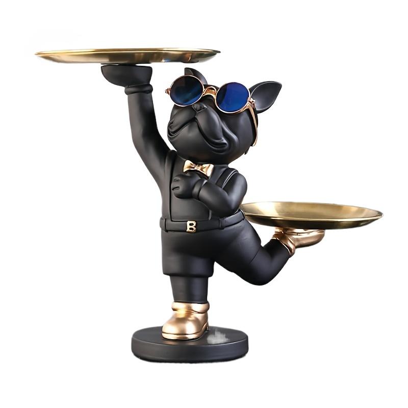 Статуя собаки из смолы, декор для комнаты, скульптура дворецкого с 2 лотками для хранения, фигурка французского бульдога, украшение для дома, украшения для стола