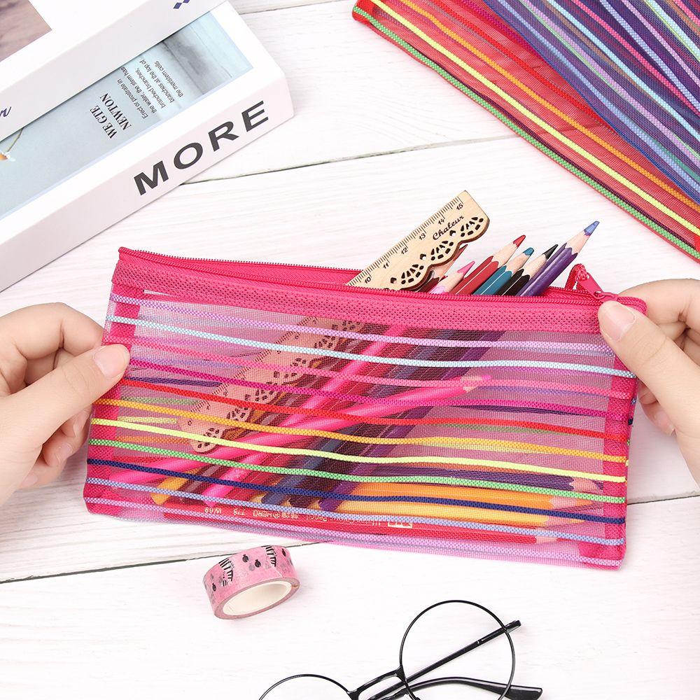 Purse Makeup Stationery Rainbow Color Nylon Grid Cosmetic Storage Mesh Pen Bag Zipper Pencil Case
