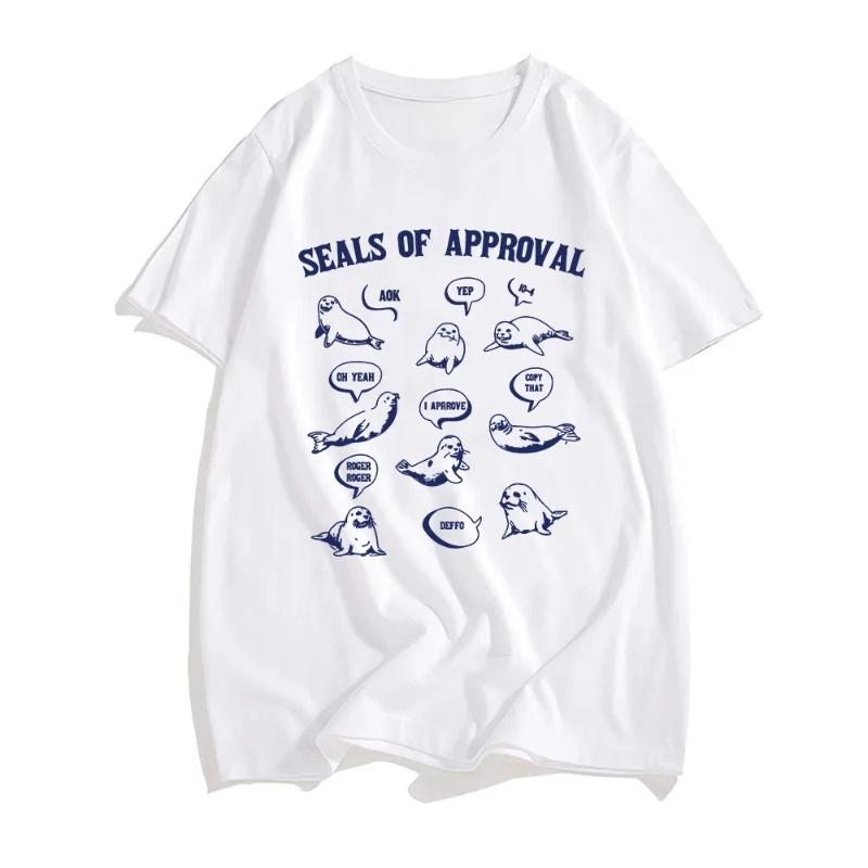Seals of Approval Tee Sea Lion Cartoon Printing T-shirt Summer Short Sleeve Tshirts for Female Loose Kawaii Graphic Tops