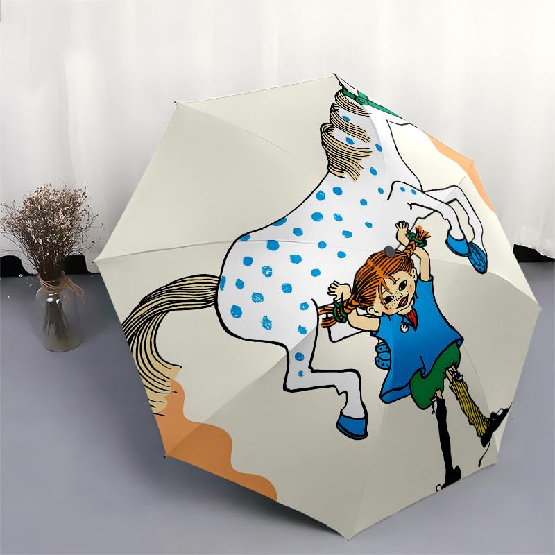 Pippi Longstocking, horse Automatic Opening and Closing, 8 rib Structure Portable Umbrella, Suitable for Men and Women in All Seasons Perfe