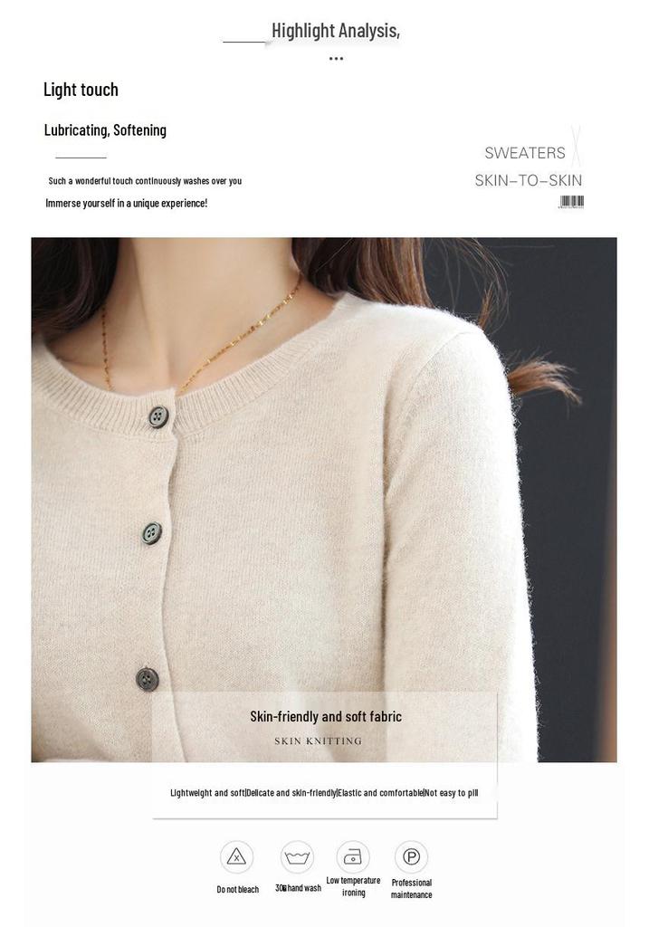 Women's Korean Style Cashmere Cardigan - Round Neck, Long Sleeve, Loose Fit, 100% Wool Knit Top for Spring/Autumn