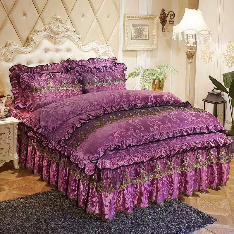 King Size/Queen Size/Twin Size Lace Bed Skirt Quilt Cover Pillowcase Four-piece Set Thickening Warm Bedroom Simple Bedding High Quality Autumn Winter