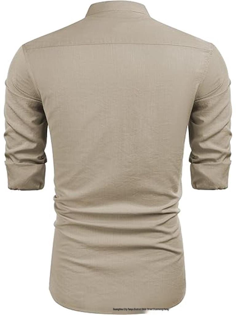 Men's Casual Cotton Linen Stand Collar Shirt - European & American Style for Summer Beach Vacation 2026