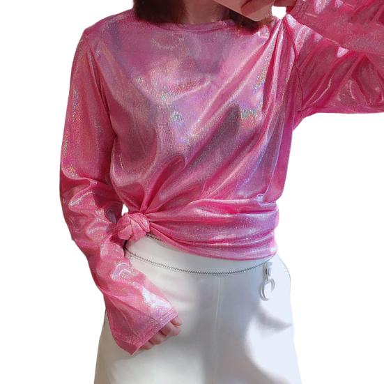 Женская Свободная футболка с длинными рукавами и блестками, украшенная блестящими светоотражающими буквами, футболка, круглый пуловер, топы