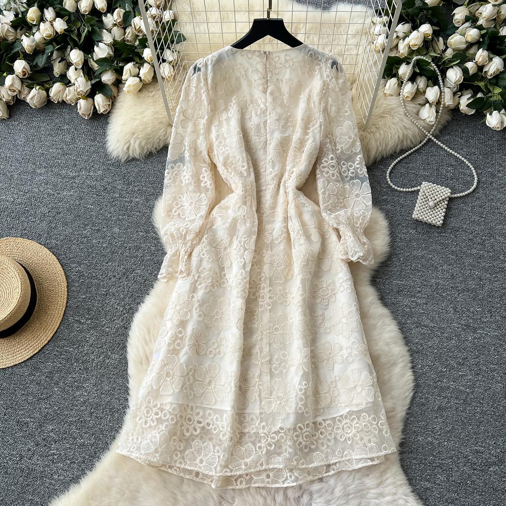 Весна Осень Женские V-образный вырез Роскошные Бисероплетение Сетчатая Вышивка Вечерние Миди Платья