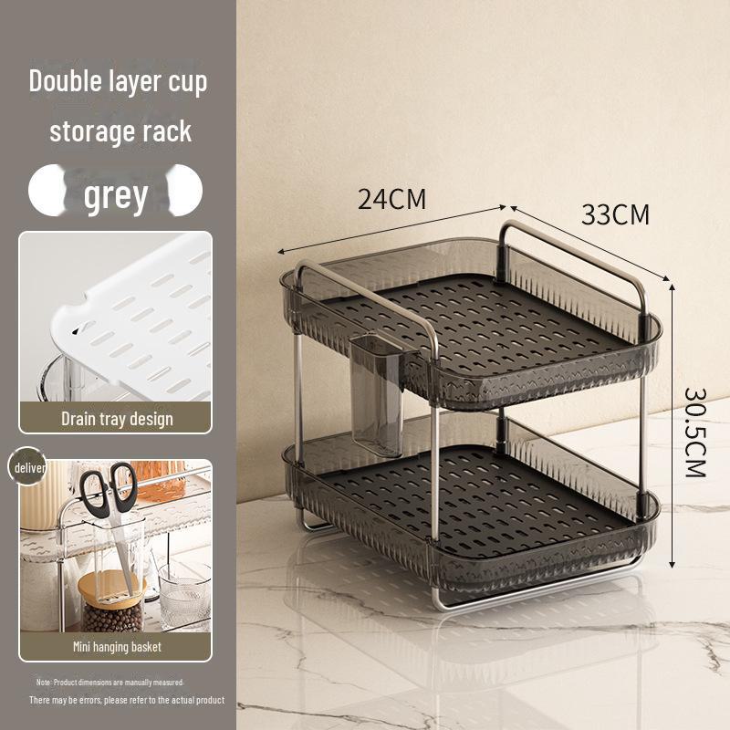 Transparent PET Plastic Desktop Cup Storage and Drain Rack - Two-Layer Multi-Purpose Hanging Basket.