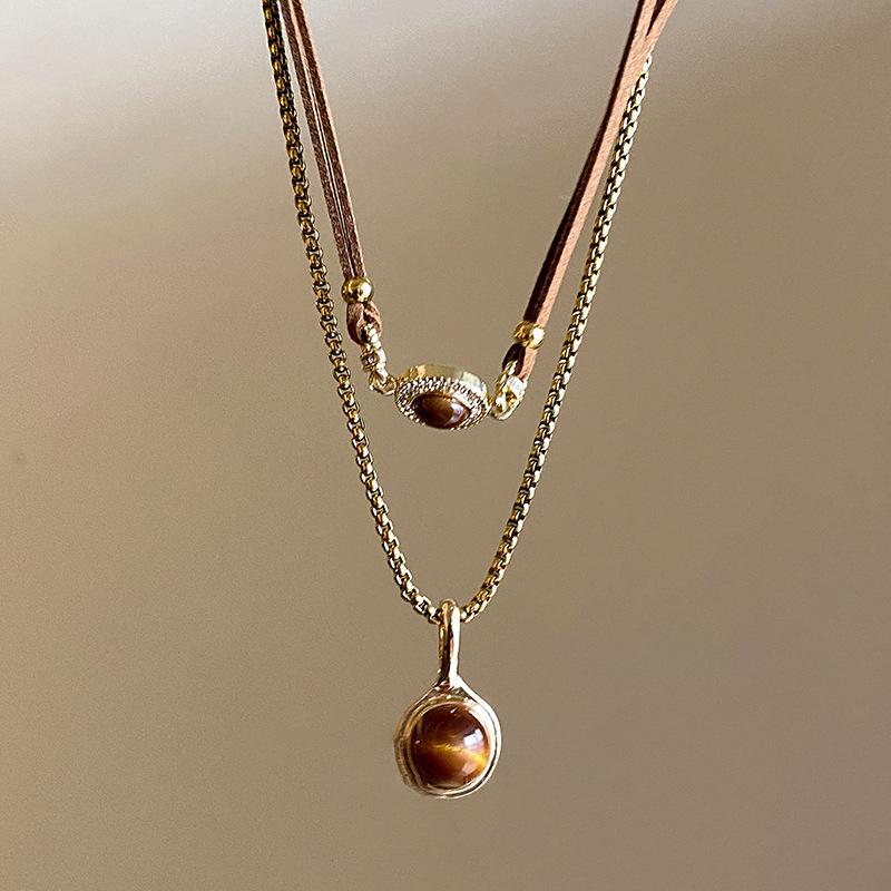 New Double-Layer Brown Stone Pendant Necklace for Women Girls Charm Aesthetic Vintage Tiger Eye Stone Beads Y2K Jewelry Gifts
