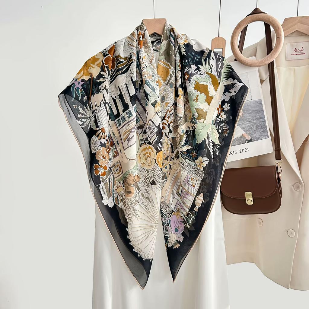 1116 new silk georgette 111 square scarf women's versatile printed silk scarf light luxury retro high-end shawl scarf