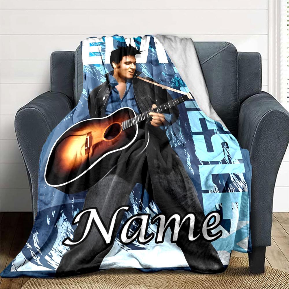 Elvis Guitarist Musician Blue Background Four Seasons Blanket Customized With Your Name Lightweight And Warm Perfect Gift For Home Office Camping Sofa