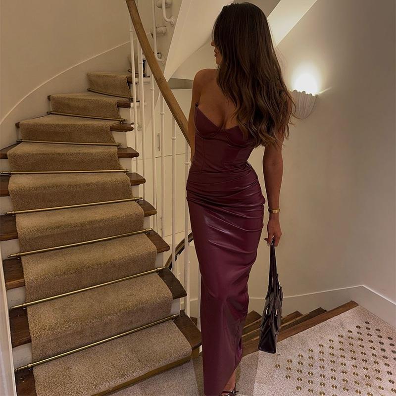 Women Sexy Strapless Pu Leather Maxi Dresses Fashion Sleeveless Off Shoulder Pleated Dress Slim Elegant Party Evening Gown
