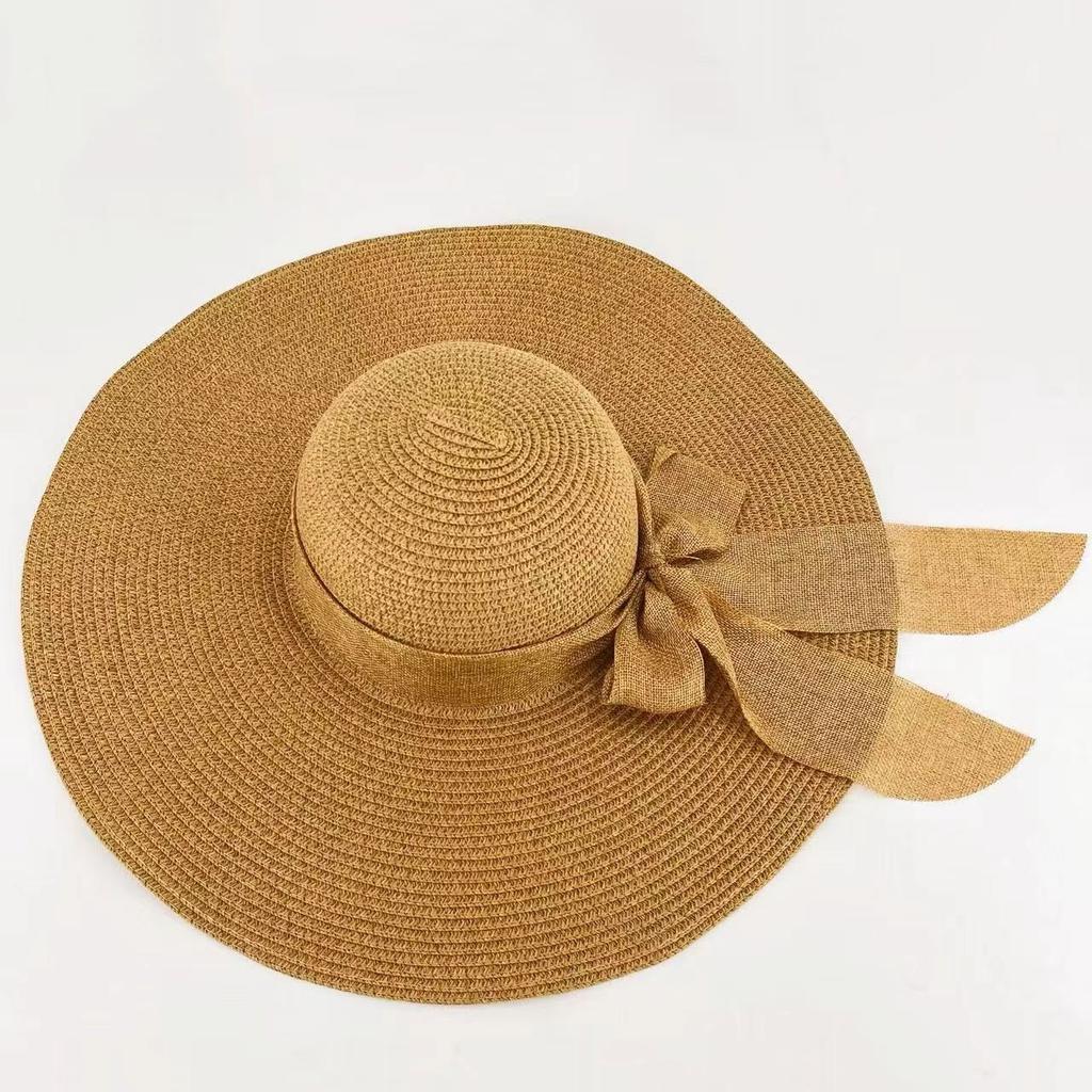 Beach straw hat big edge straw woven bow hat women's summer vacation sunscreen sunshade sun hat straw hat breathable weaving