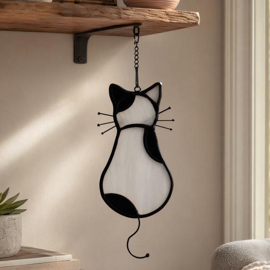 Rental Friendly Window Decor Acrylic Cat Pendant, with Metal Hanging Chain, Stained Glass Effect Soft Colored Light Decoration Pendant Decoration, for