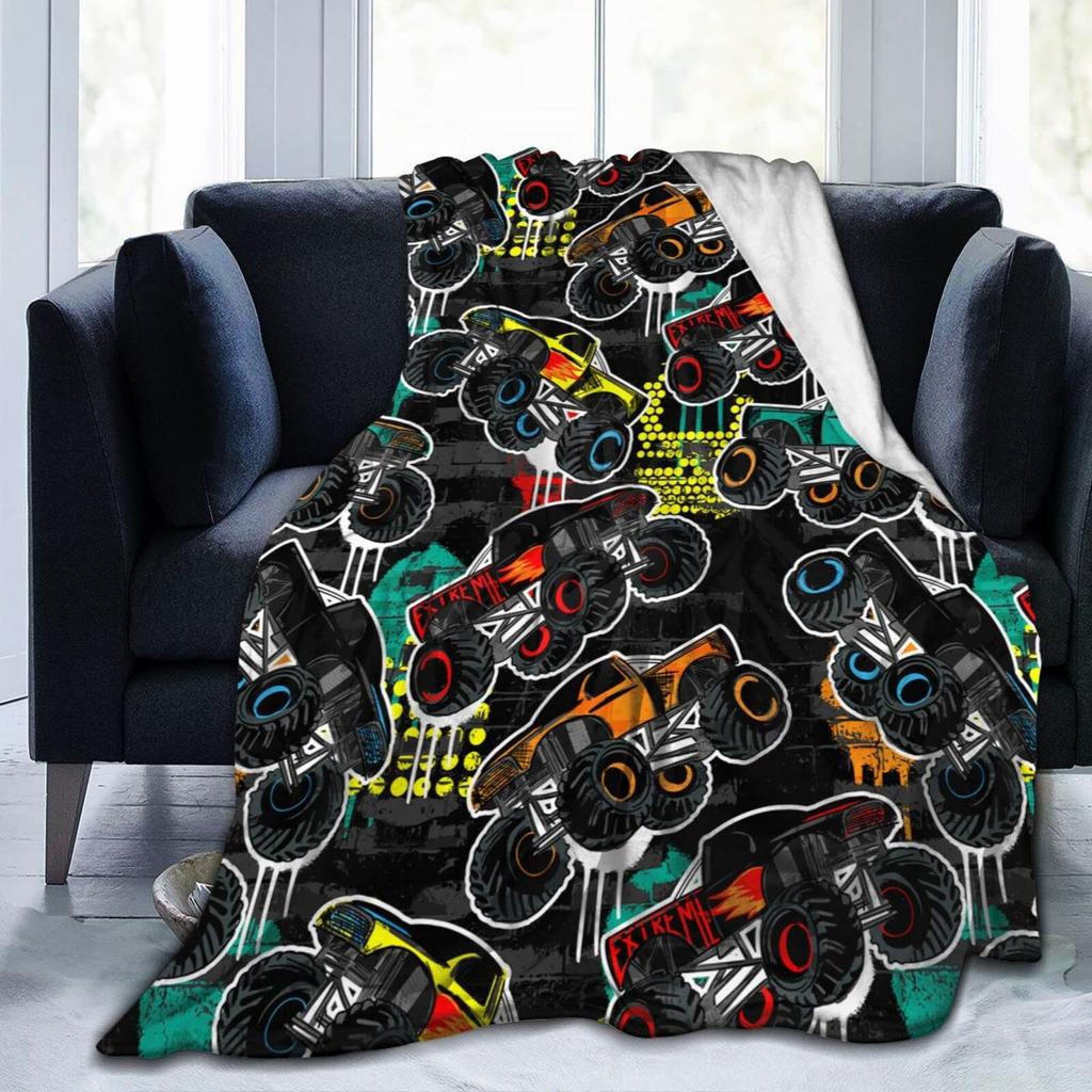 Синий плед Monster Truck Cartoon Cars Flannel Пледы для детей и мальчиков на все времена Трек Кровать Диван Одеяло King Queen Size