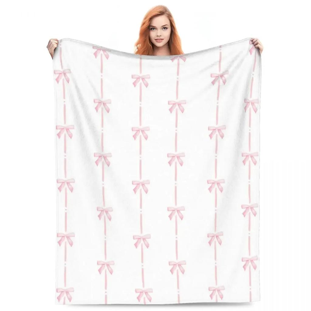 Trendy Ballet Pink Ribbon Bow Microfleece Throw Blanket Sizes Comfortable for Camping Perfect Gift