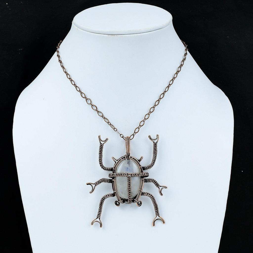 Подвеска из радужного лунного камня, медная подвеска, обмотанная проволокой, ручная работа, медные украшения, подвеска из натурального драгоценного камня, подарок для нее, ювелирные изделия в виде жука, обмотанная проволокой