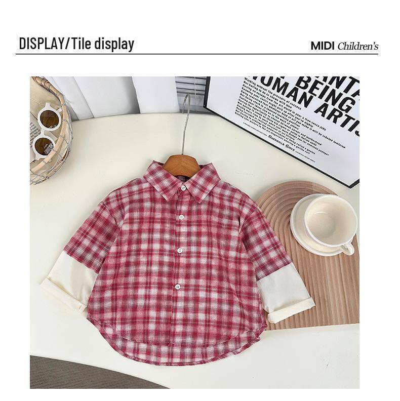 Детская рубашка с красными лацканами в клетку — в стиле колледжа, весна/осень 2025 г., комплект из двух предметов для мальчиков и девочек