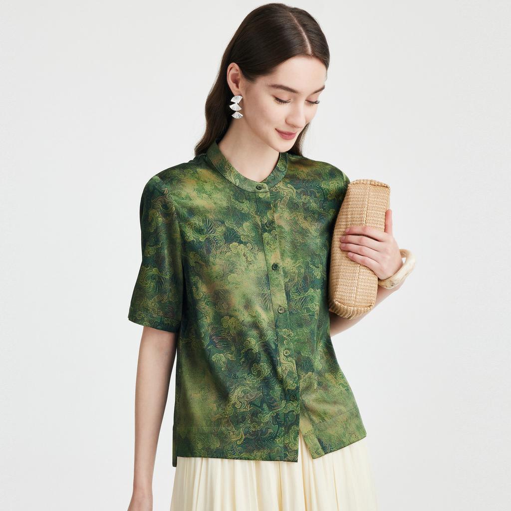 Mother's Day Chinese Classical Style: Spring/Summer Round Neck Printed Western Style Loose and Skinny Mulberry Silk T-shirt for Women