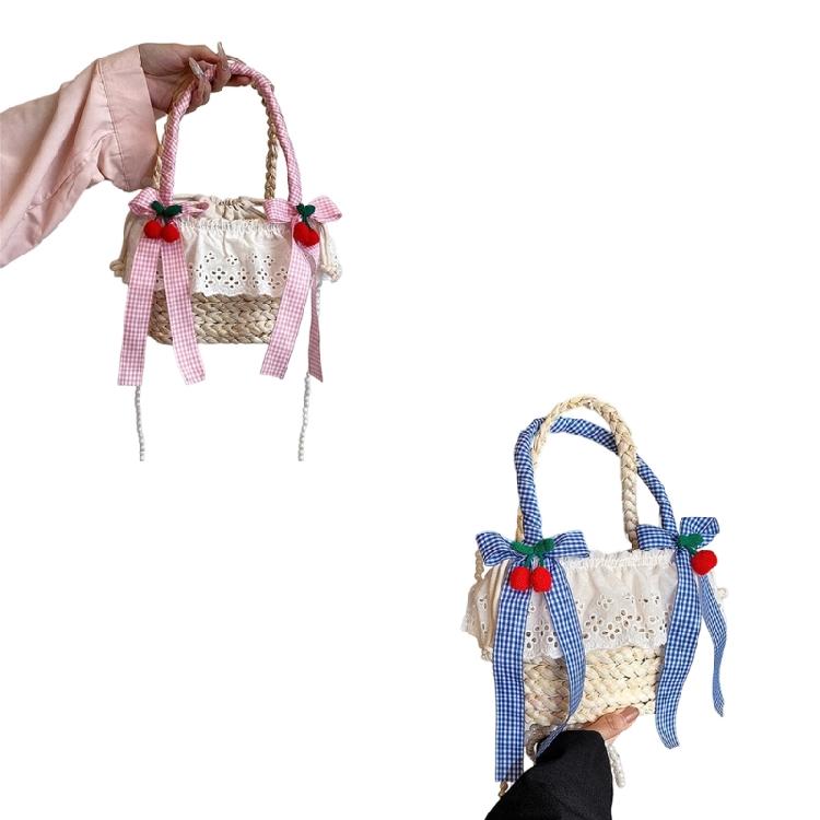Cute Bowknot Woven Straw Handbag Beach Ruffle Lace Pearl Chain Crossbody Bag