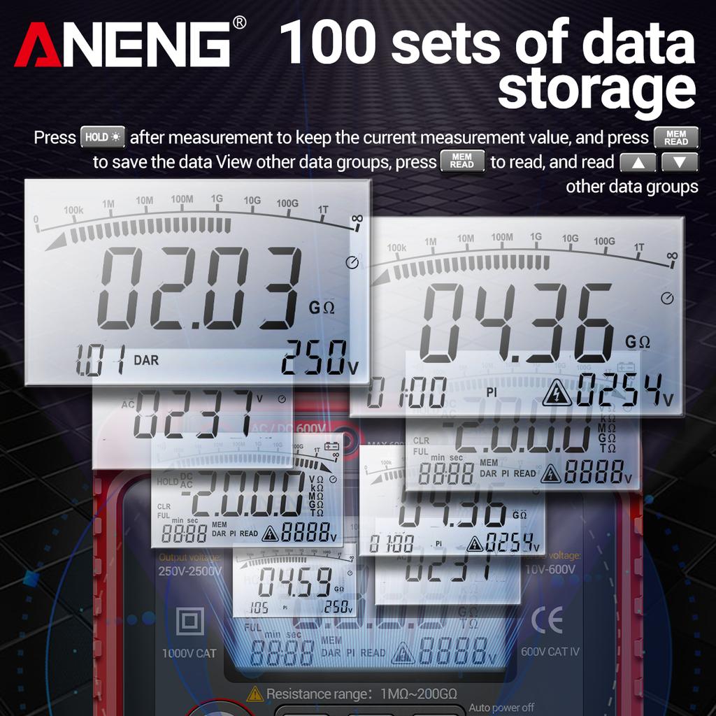 MH13 250V-2500V Digital Insulation Resistance Tester 1M Ohm -200G Ohm Megohm Testing Meter Auto Range 2000 Counts LCD Display 10V.600V ACCelsi