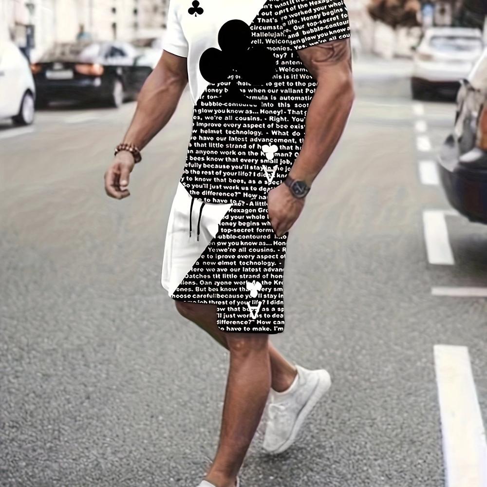 Men's Summer Leisure Sports Running Set Oversized Men's Refreshing Top Y2K Style Printed 3D Poker Pattern Fashion Set