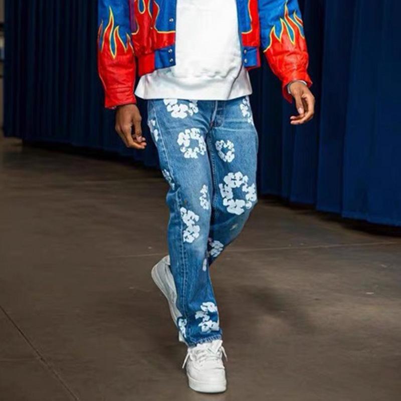 Flower Print Kanye Jeans Pants Streetwear Retro Casual Men and Women Denim Trousers