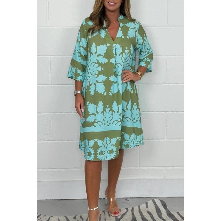 Women Floral Print Dress V Neck 3 4 Sleeve Midi Fall New Casual European American Style