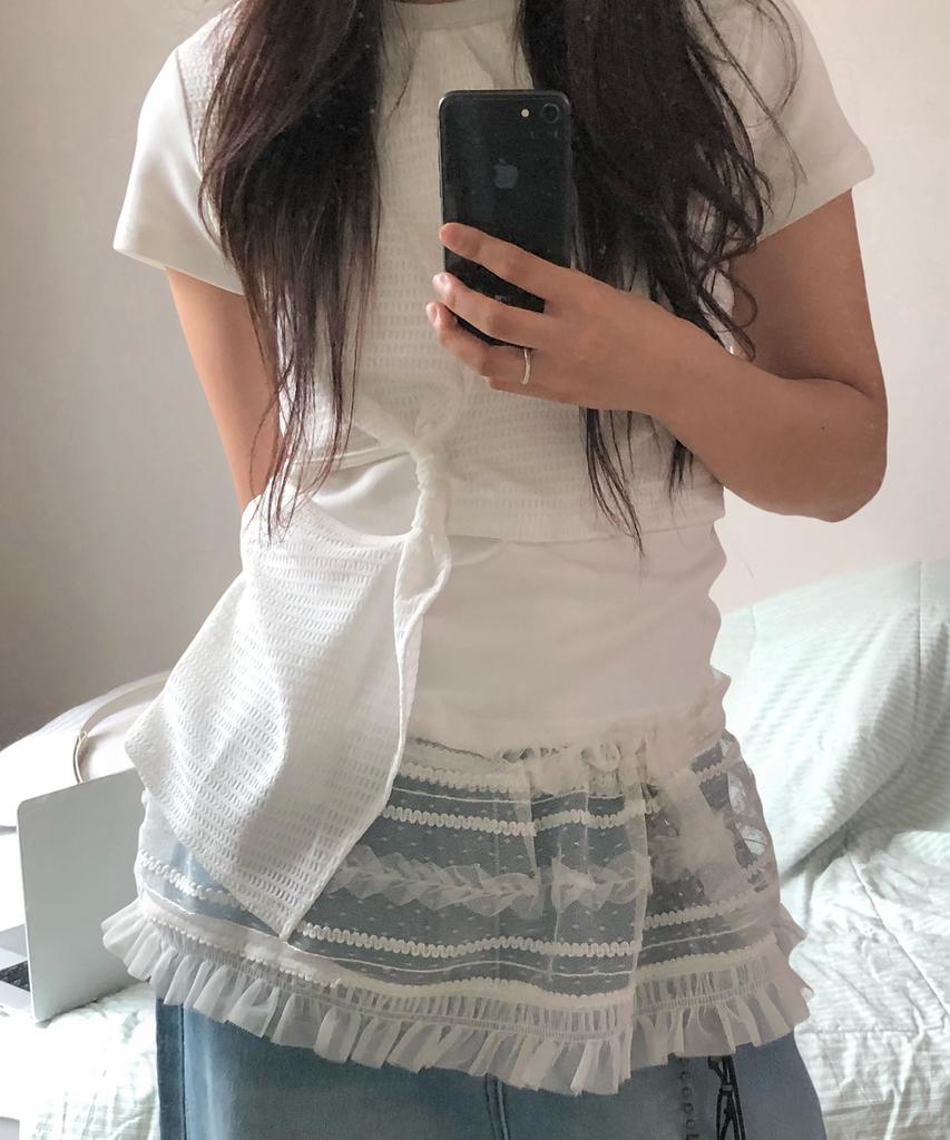 PLACE STUDIO Waffle Contrast Shirred Draping Twist Semi-Crop Women'S Short Sleeve T-Shirt [White]