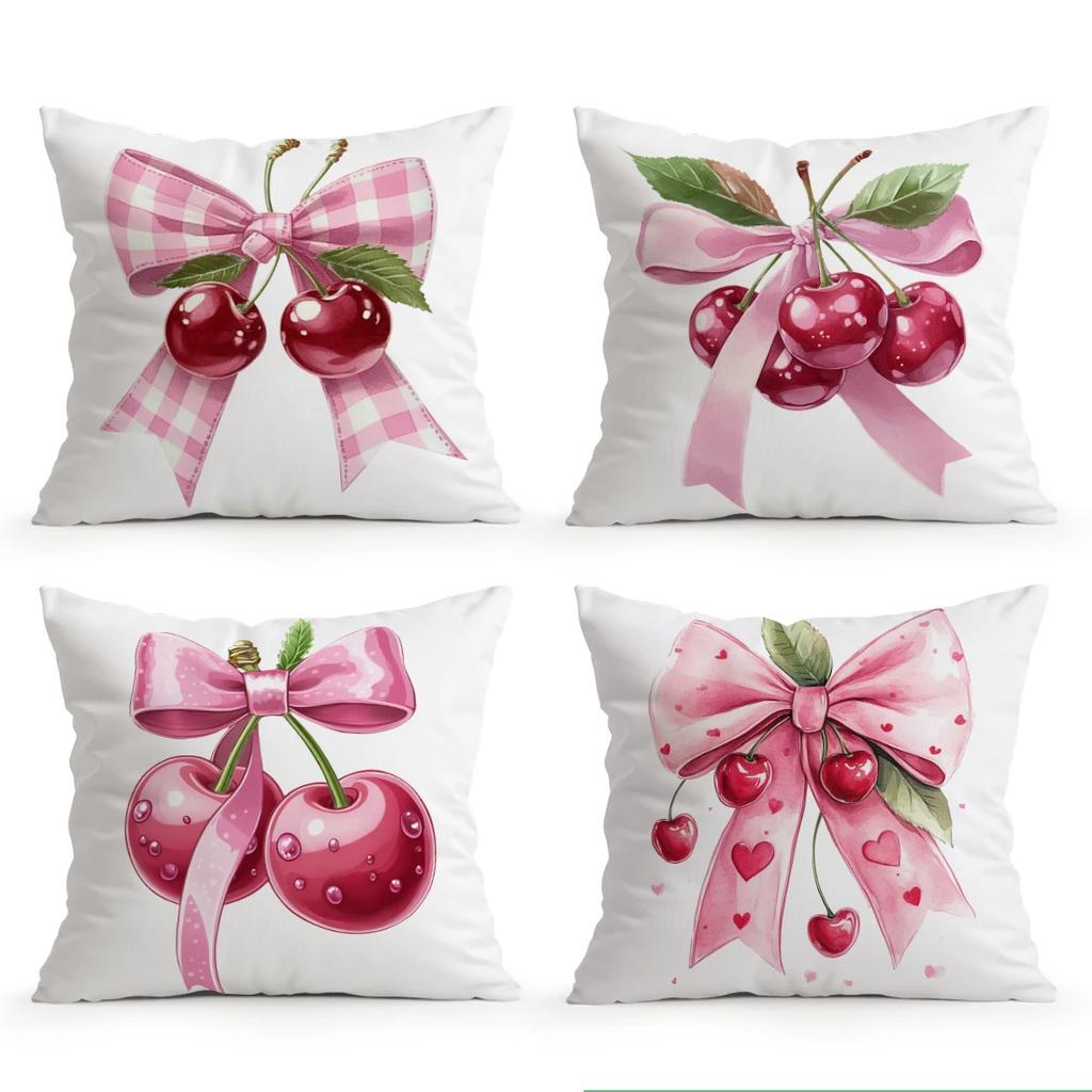 4Pcs Bow Cherry Print Single-Sided Cushion Cover For Living Room Bedroom Car Home Decor
