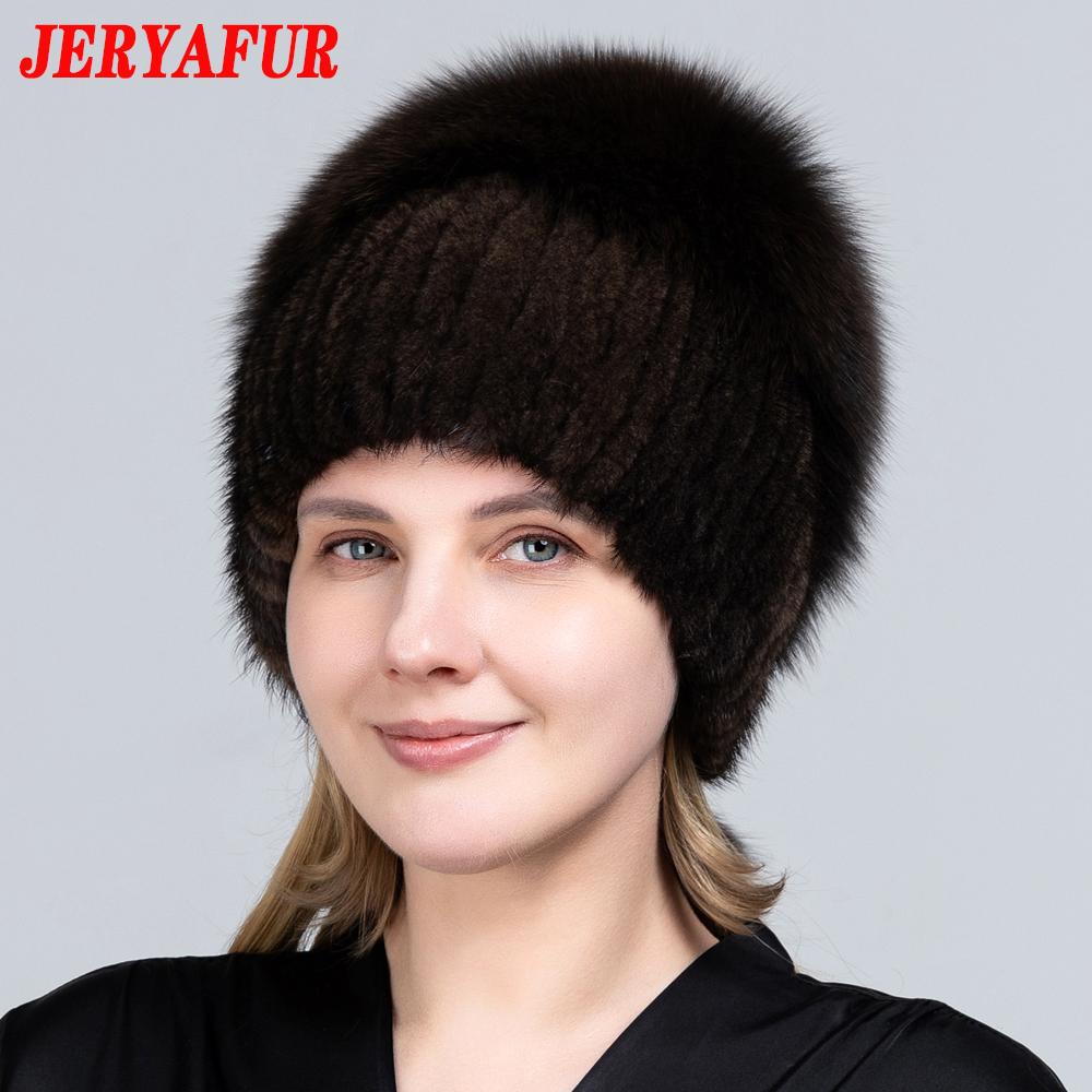 JERYAFUR Женская зимняя меховая шапка из натурального меха, вязаная меховая шапка с помпоном из норки и лисы с шариками, стильная теплая модная шапка для девочек, шапка