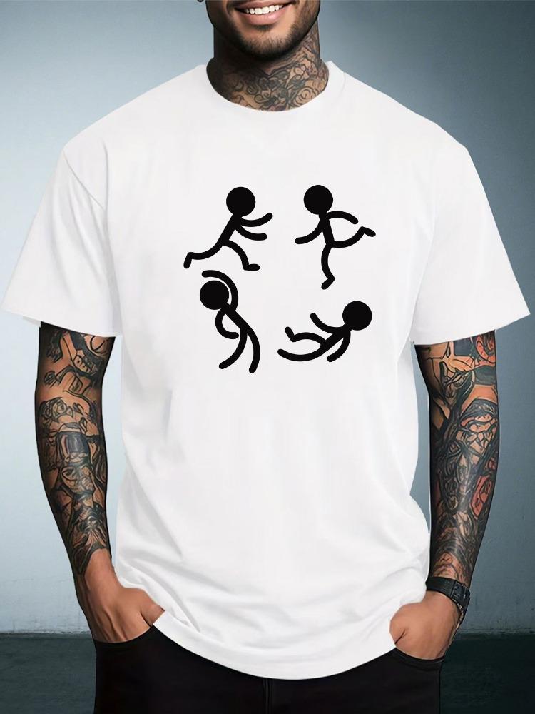 Unisex Summer White Short Sleeve Tee Circle Running Stick Figures Simple Graphic Print Crew Neck Loose Casual Male Daily Tops