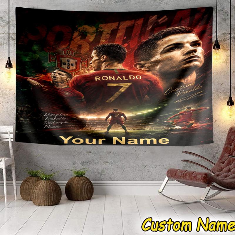 Custom Name Football Ronaldo Tapestry Room Decoration Wall Hanging for Living Room Bedroom, dormitory, Birthday and Christmas gifts