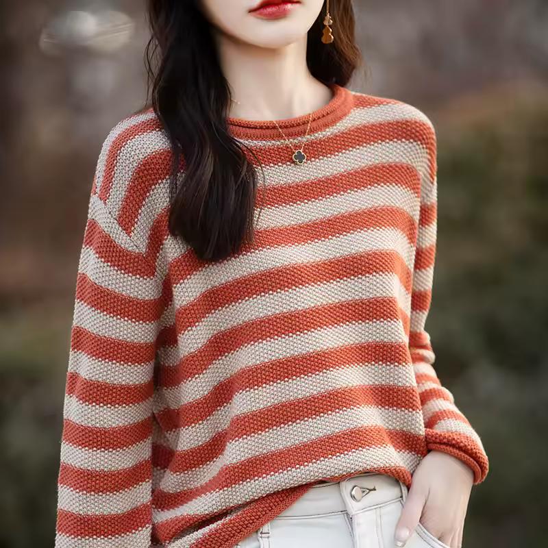 Women Sweater Autumn Winter Curled O-Neck Pullover Long Sleeve Bottoming Colorful Stripes Knitwear Loose Clothing