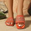 Bohemia Orange Embroidered Fabric Slides Women 2025 Summer Square Toe Flat Heel Slippers Silver Glitter Sexy Beach Sandals