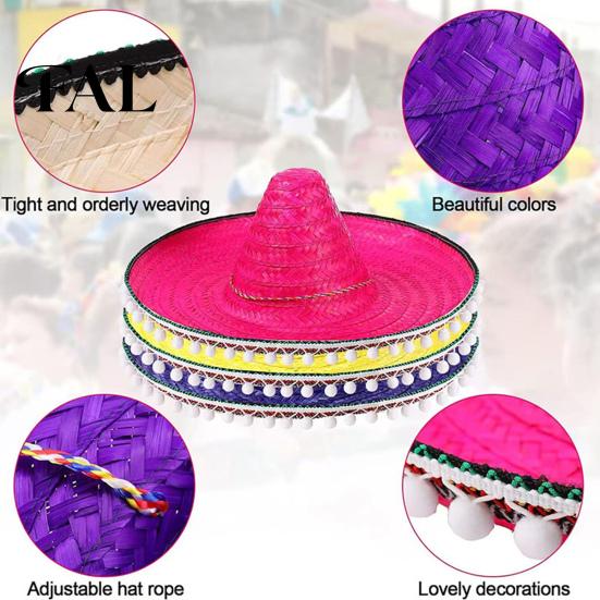 Adult Vacation Hat Mexican Sombrero with Colorful Poms, Hawaiian Style Woven Straw Sun Hat, Wide Brim Lightweight Halloween Costume Party